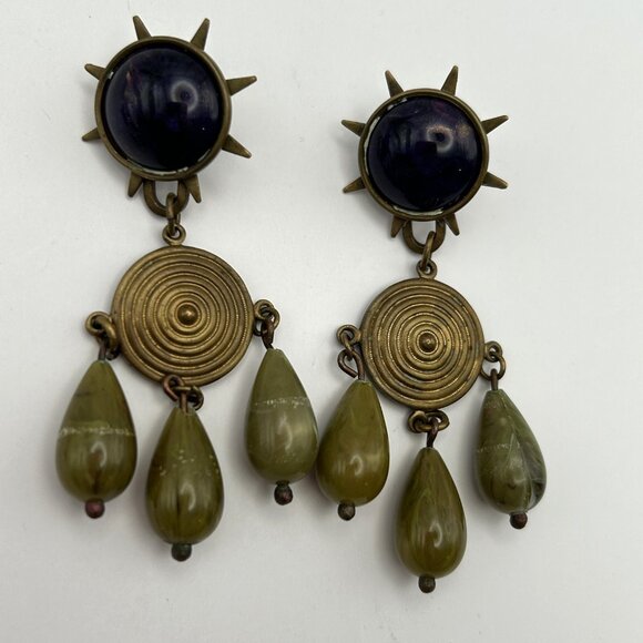 Vintage Boho Artisan Statement Earring Bundle Brass Tone Dangles Hoop - Picture 5 of 16